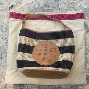 TORY BURCH Navy/Natural Straw LARGE Tote Logo Handbag